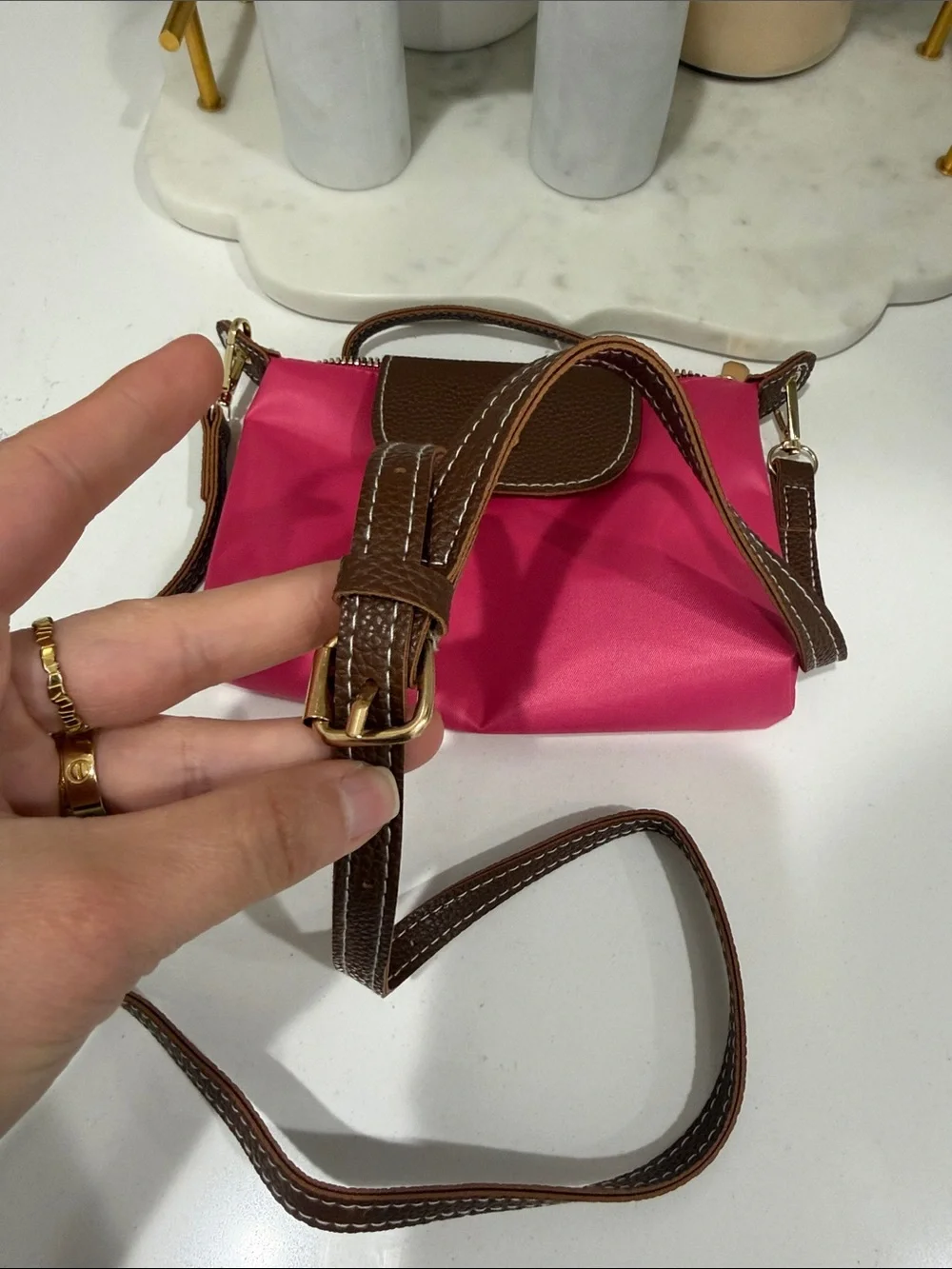 Pink Nylon Mini Bag with Brown Trim